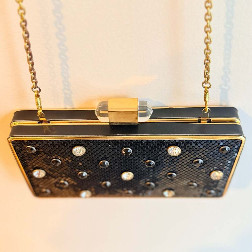 isti Whitiker Black Glitter Polka Dot Box Clutch with Gold Frame and Crystal Cla - Picture 3 of 6
